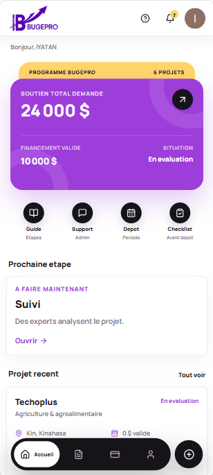 Tableau de bord BUGEPRO sur mobile
